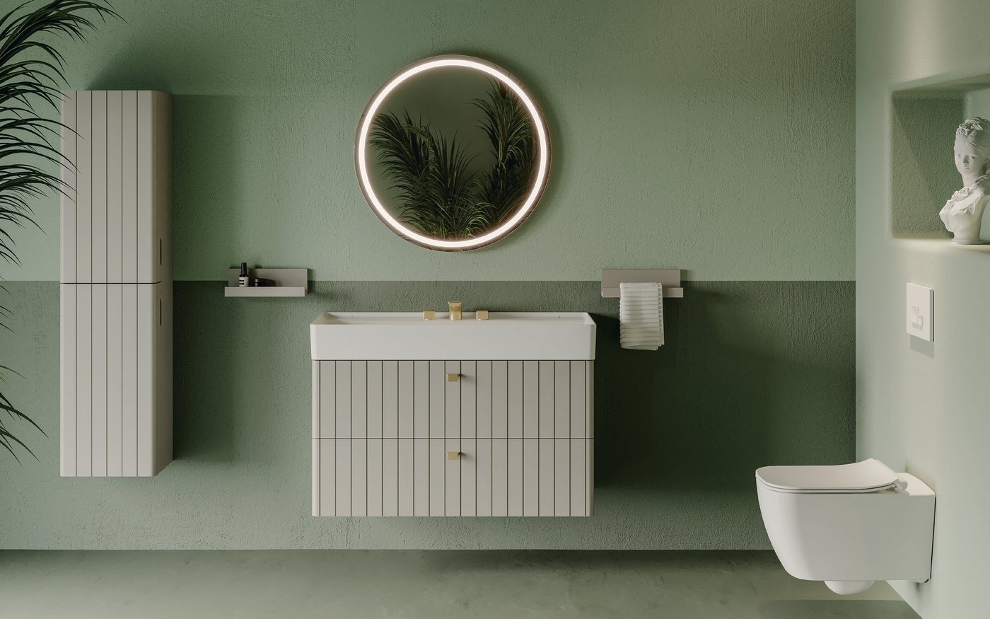 Boy dolabı, lavabo ve aksesuarlarıyla tamamlanmış örnek bir banyo kurgusu
