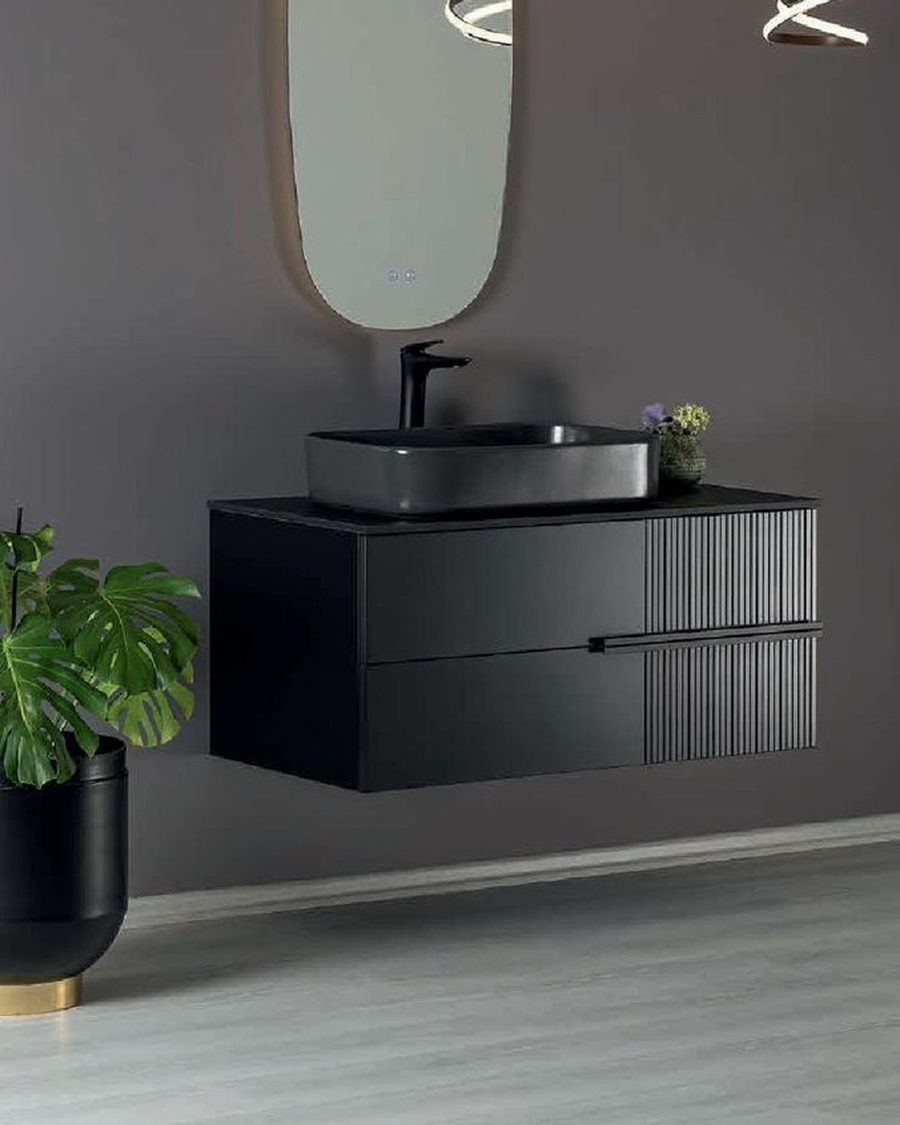 Antrasit fitilli askılı banyo dolabı ve oval aydınlatmalı ayna