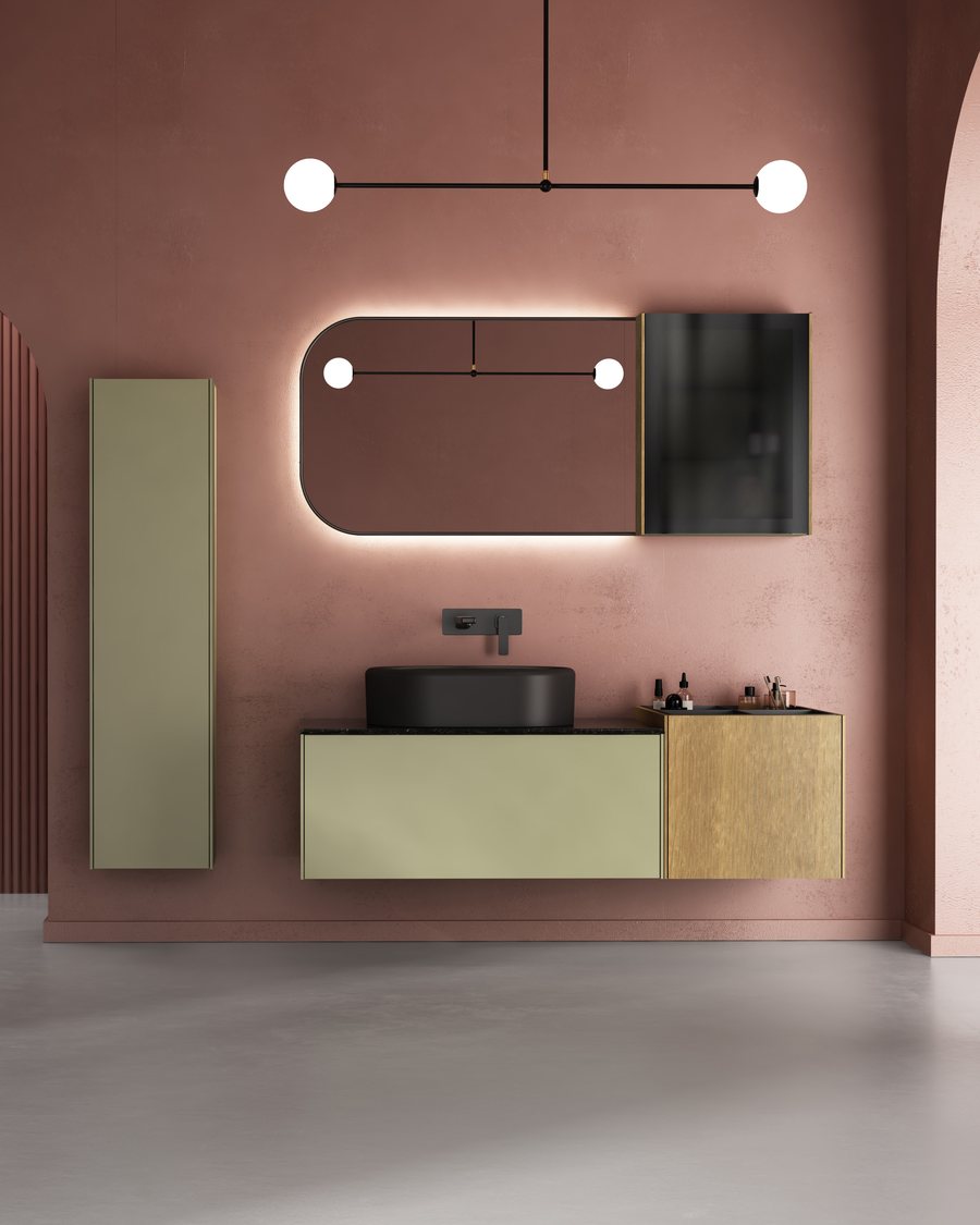 Terracotta duvarlı banyoda fıstık yeşili asma banyo dolabı ve aydınlatmalı ayna